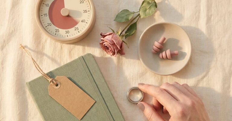 daily ADHD tools for women laid out on cream linen, visual timer, notebook and soft earplugs