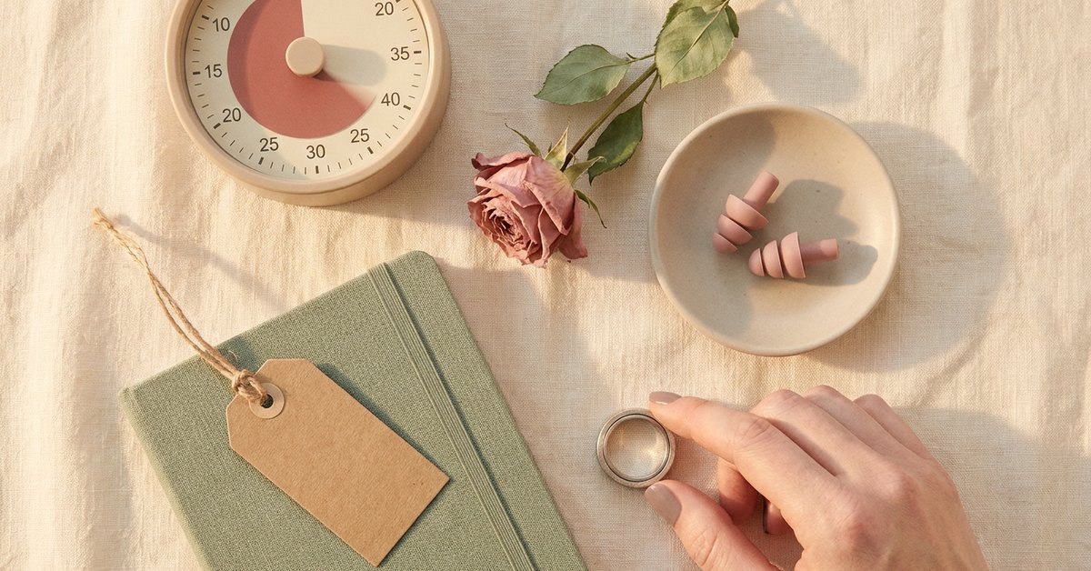 daily ADHD tools for women laid out on cream linen, visual timer, notebook and soft earplugs