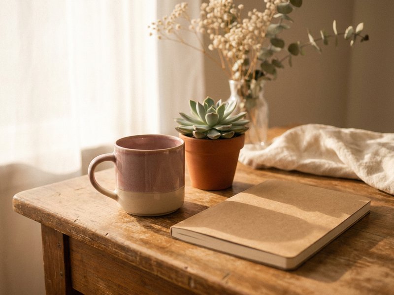 5 minute self care ADHD — a quiet desk corner with a warm mug during a break, lacedopamine.com