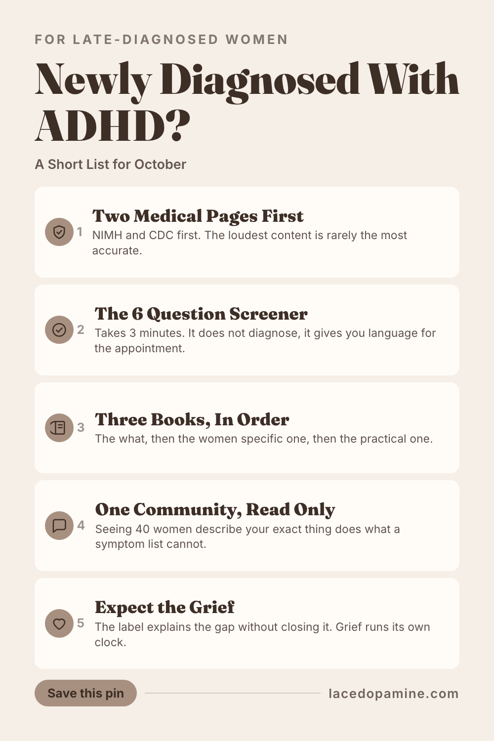 ADHD awareness month arrives every October and brings a wall of content with it, which is the last thing you need when your diagnosis is still new. This list cuts it down to 10 resources that actually help a woman diagnosed as an adult. Inside you will find the 2 medical pages worth reading before any social media, the self report scale that gives you language for the next appointment, the 2 organisations that work with adults rather than parents, and the 3 books to read in order rather than all at once. It also covers the part most guides skip, the grief that follows a late diagnosis, and why confusing ADHD with trauma responses is a real limit rather than your mistake. Save this pin before next October's wall of content arrives again. #ADHDwomen #ADHDtips #neurodivergent — save this pin for later