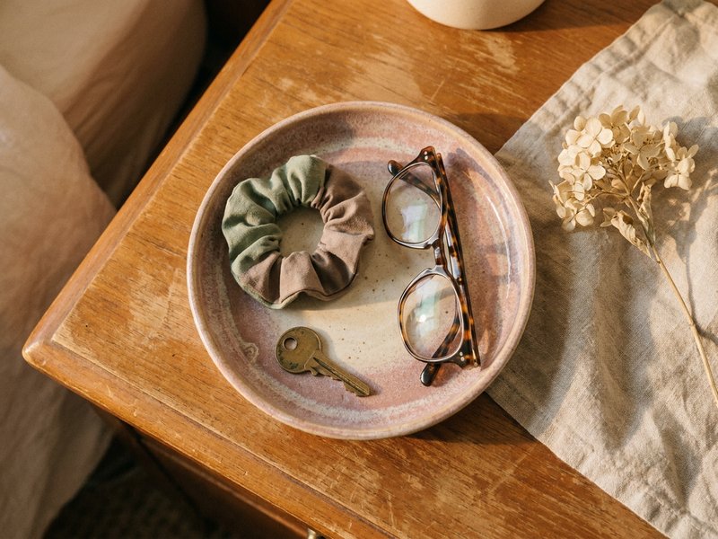 ADHD bedroom ideas — a small landing zone tray for nightstand items, lacedopamine.com