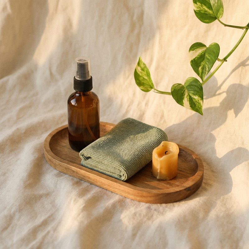 adhd chore chart — a small tray with a cloth and spray bottle on a linen surface, lacedopamine.com