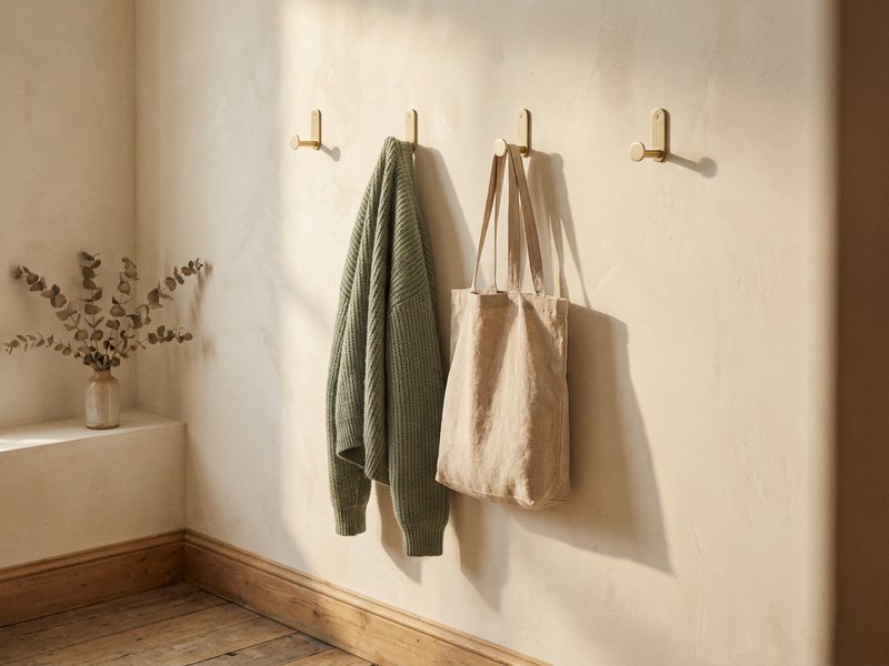 adhd closet organization — a row of wall hooks holding a cardigan and a tote bag, lacedopamine.com
