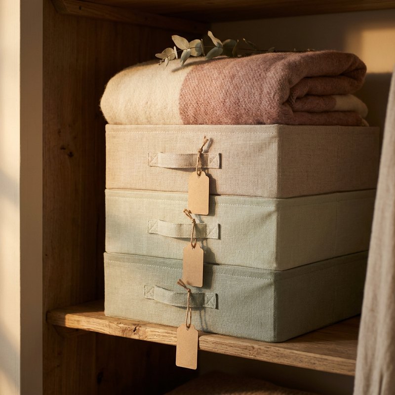 adhd closet organization — labelled fabric storage boxes stacked on a high shelf, lacedopamine.com