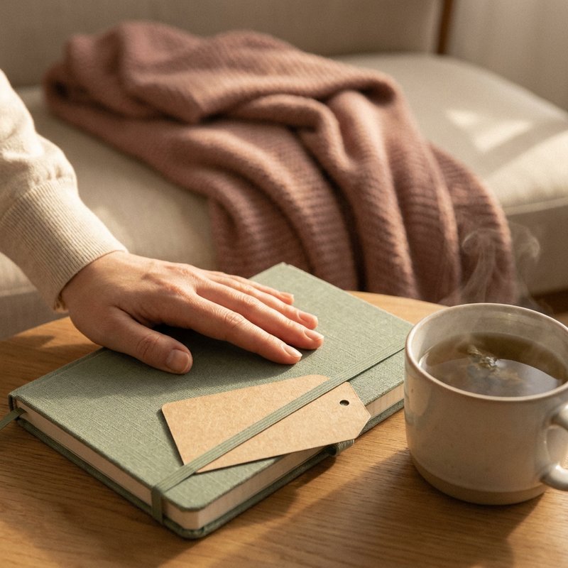 adhd fear of failure — a hand resting on a closed notebook beside a cup of tea, lacedopamine.com