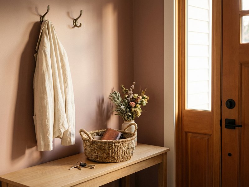 ADHD home organization ideas — a landing basket and wall hooks by the front door, lacedopamine.com