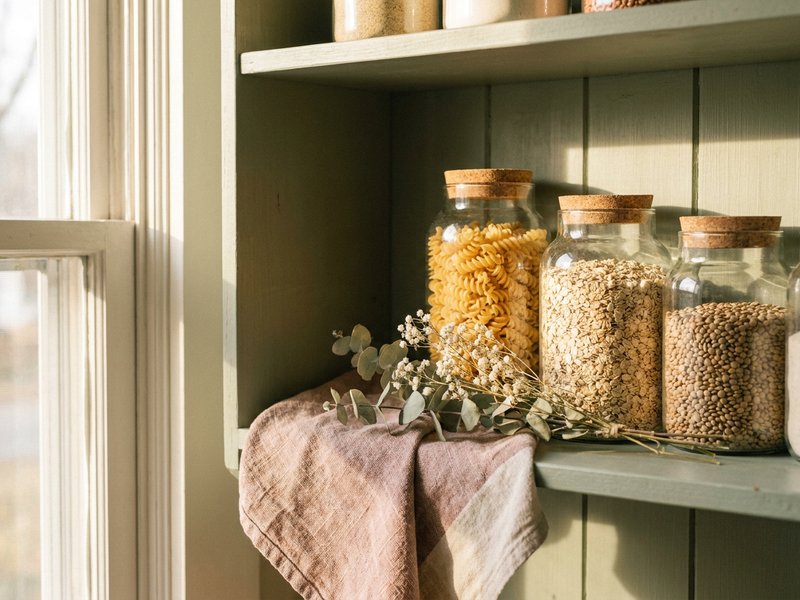 ADHD home organization ideas — clear pantry bins on an open shelf, lacedopamine.com