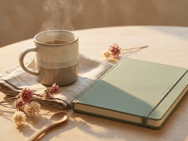 ADHD journal prompts — a warm cup beside a closed journal in morning light, lacedopamine.com