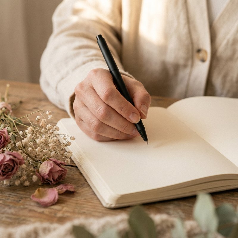 ADHD journal prompts — a hand holding a pen over a lined page, lacedopamine.com