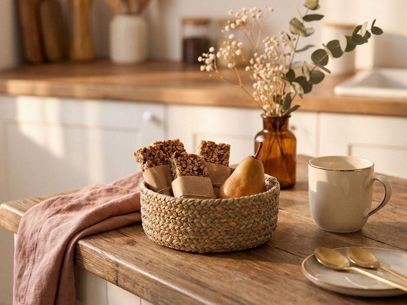 ADHD kitchen organization budget — a grab and go breakfast basket on a counter, lacedopamine.com