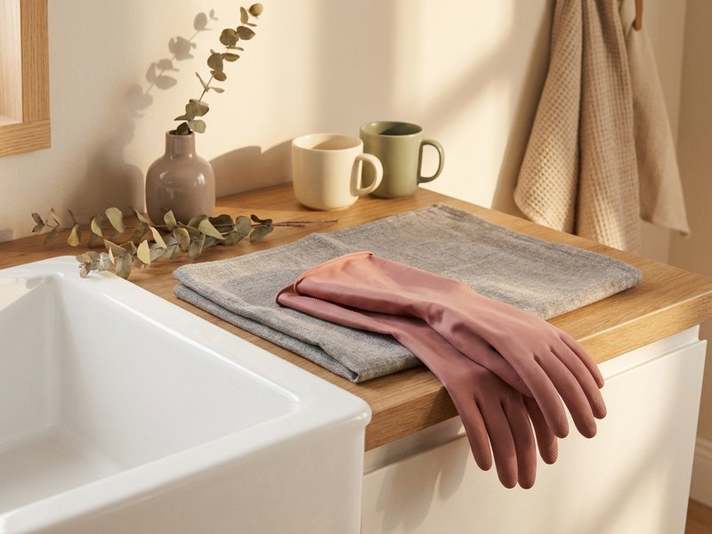 ADHD kitchen organization budget — rubber dishwashing gloves and a dish drying mat by the sink, lacedopamine.com