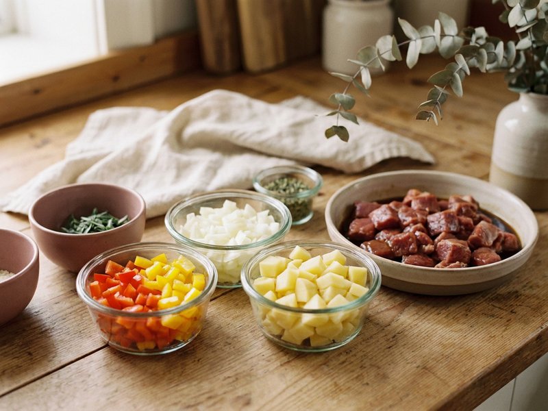 ADHD meal prep — chopped vegetables and marinating meat prepped on grocery day, lacedopamine.com