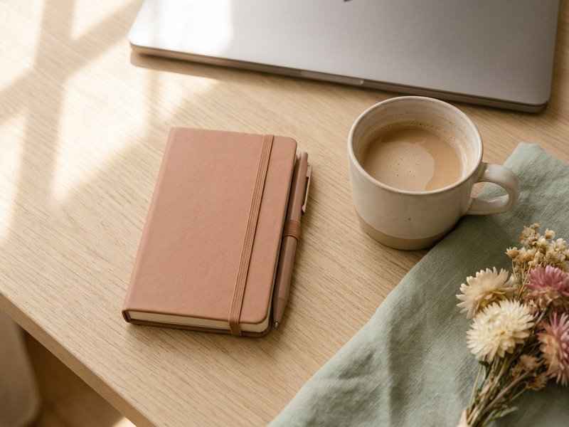 adhd notion templates — a small closed notebook and pen beside a mug on a desk, lacedopamine.com