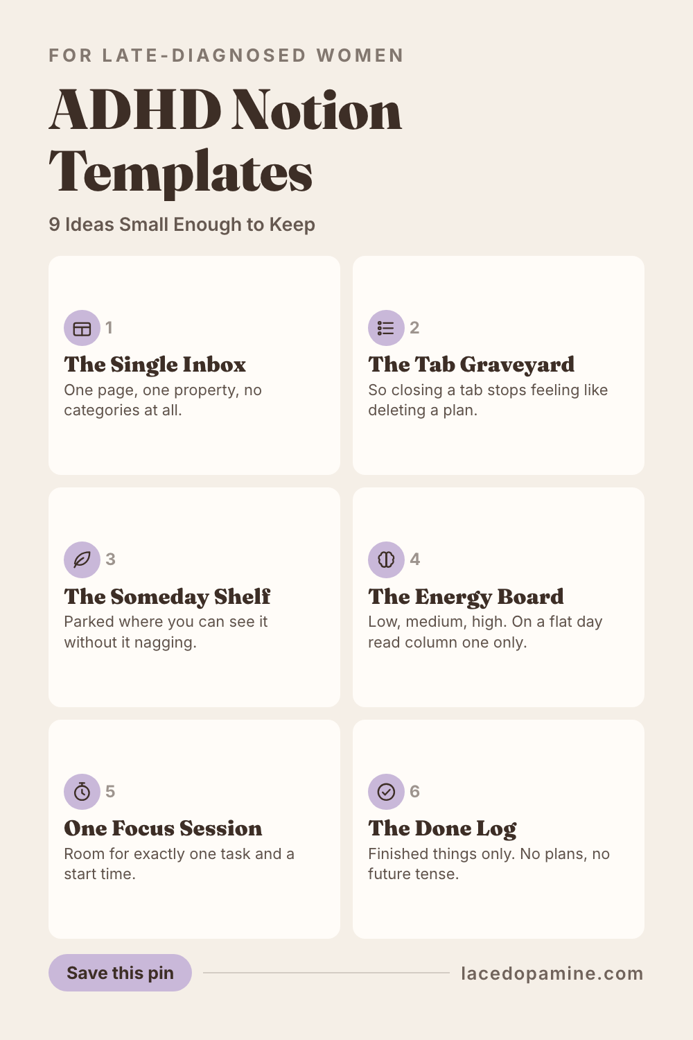 ADHD Notion templates fail for a reason nobody puts in the gallery description: building them is fun and maintaining them is not, so most setups die around day 9 when the novelty runs out. The second reason is sorting. A tool that stores tasks without ranking them by energy adds visible weight every week rather than removing any, which is why an ordinary backlog starts feeling like a mountain you will never get over. Inside are the 3 rules that make a template survive an ordinary Tuesday, plus 9 ideas grouped by job: capture pages including a single inbox and a tab graveyard, doing pages built around one focus session of 10 minutes to an hour, and reviewing pages including a done log. Also what to delete from a downloaded template, and what to do when the setup becomes the procrastination. Save this pin before your next Notion setup becomes the procrastination itself. #ADHDwomen #ADHDtips #neurodivergent — save this pin for later