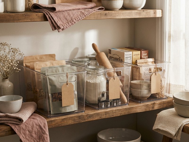 ADHD pantry organization — clear labeled bins grouped by category, lacedopamine.com