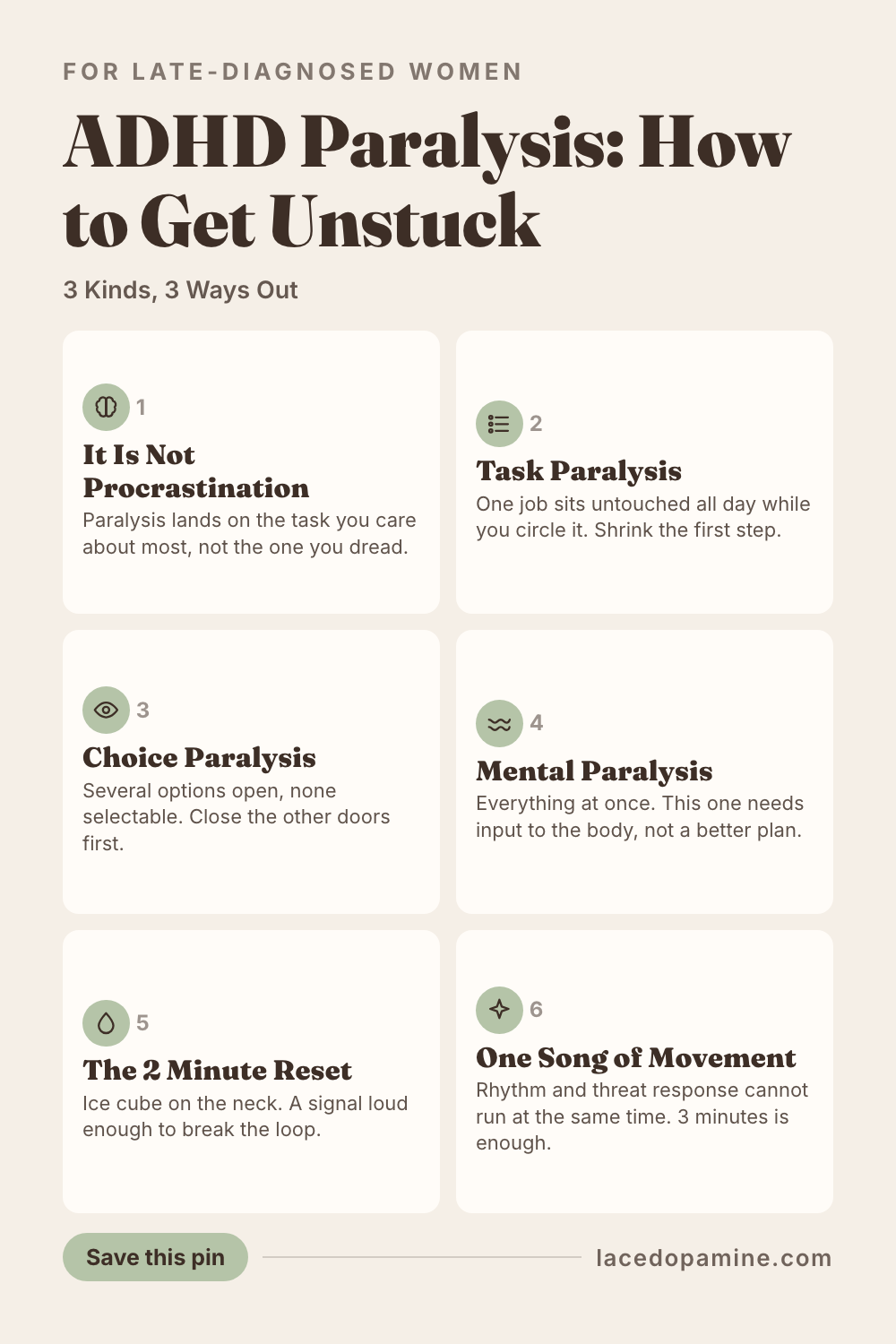 ADHD paralysis is not laziness and it is not procrastination. Paralysis lands hardest on the tasks you care about most, which is exactly why deadlines and pep talks fail. This guide explains what the freeze is, how it differs from avoidance, and why your nervous system stops issuing the go signal when the stakes go up. Inside you will find the 3 kinds of paralysis, task, choice and mental, plus what gets each one moving. You will also find the 2 minute reset women use when they are truly frozen, why 1 song of movement beats sitting still, and how to shrink a task until your brain says yes. Gentle, tested, no shame required. Save this pin for the next time your brain will not give you the go signal. #ADHDwomen #ADHDtips #neurodivergent — save this pin for later