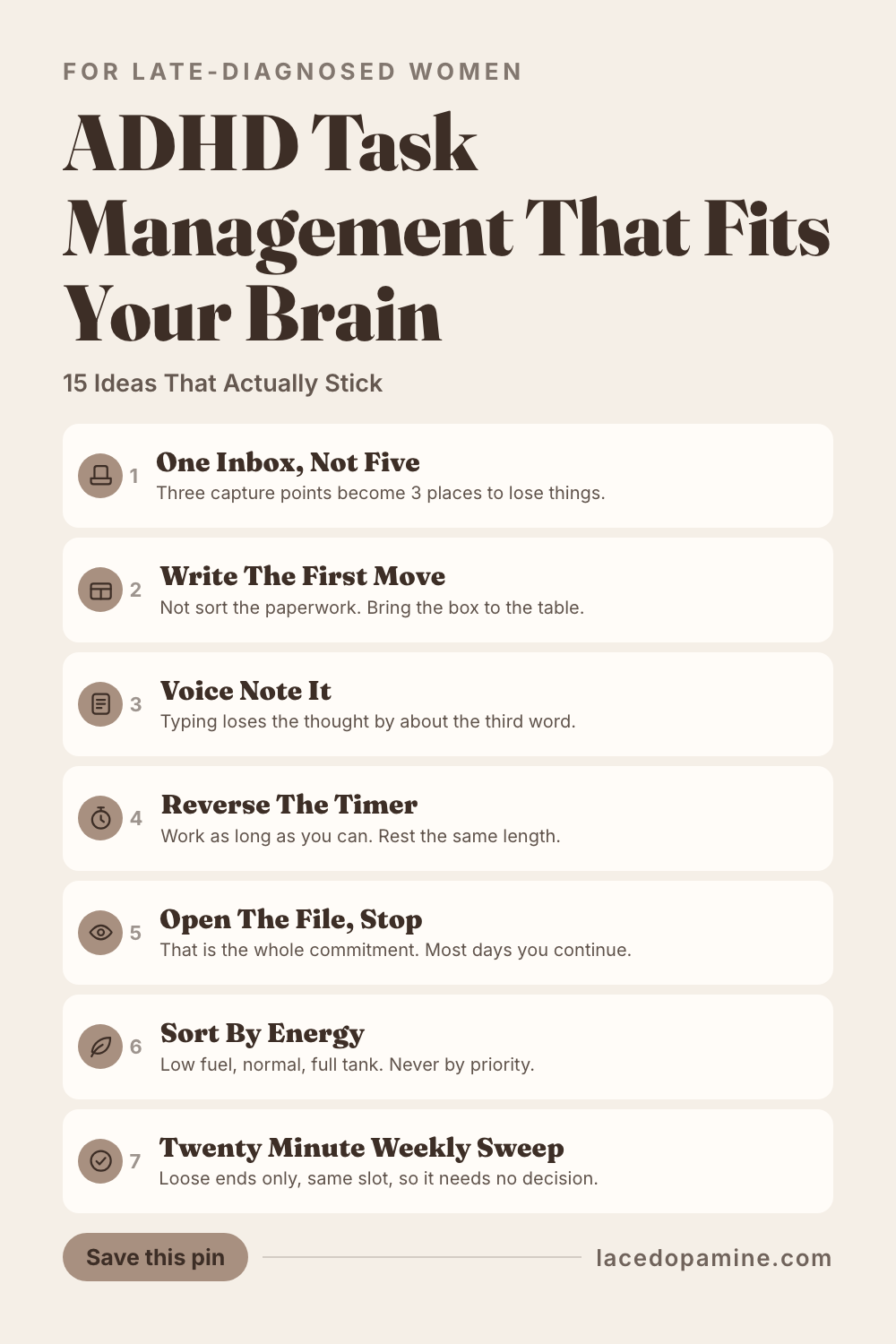 ADHD task management breaks down at the same place every time, and it is not the place most advice aims at. The hard part is never deciding what to do. It is crossing from deciding to doing, which is why the fifth app feels exactly like the first by week 3. This guide gives 15 ideas grouped by where they help: 5 for getting a task out of your head, 5 for starting when starting is the wall, and 5 for closing loops that quietly eat attention. Inside you will also find a reversed timer that works first and rests second, the stopwatch test that showed one professional organiser her dreaded chore took 4 minutes rather than 20, and why an expensive planner got retired after 2 weeks over covers that would not lie flat. Save this pin before your next task management app becomes app number six. #ADHDwomen #ADHDtips #neurodivergent — save this pin for later