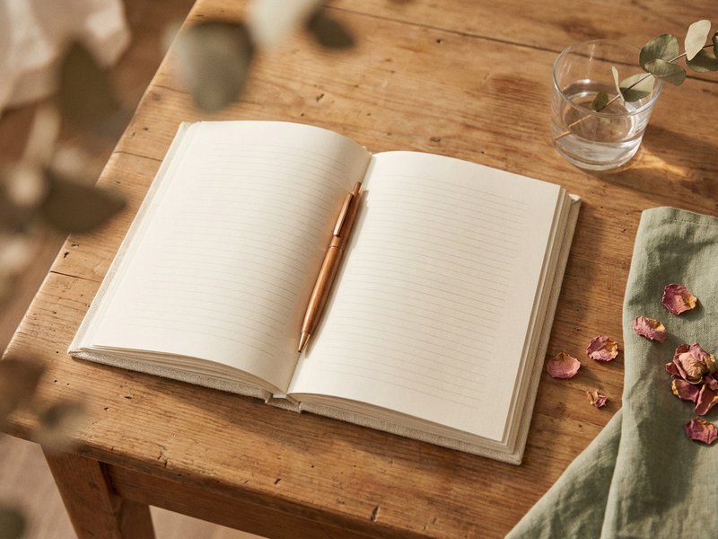adhd task management — a single open notebook and pen on a plain desk, lacedopamine.com