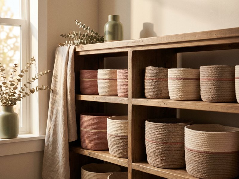 aesthetic ADHD organization — color coded woven baskets on an open shelf, lacedopamine.com