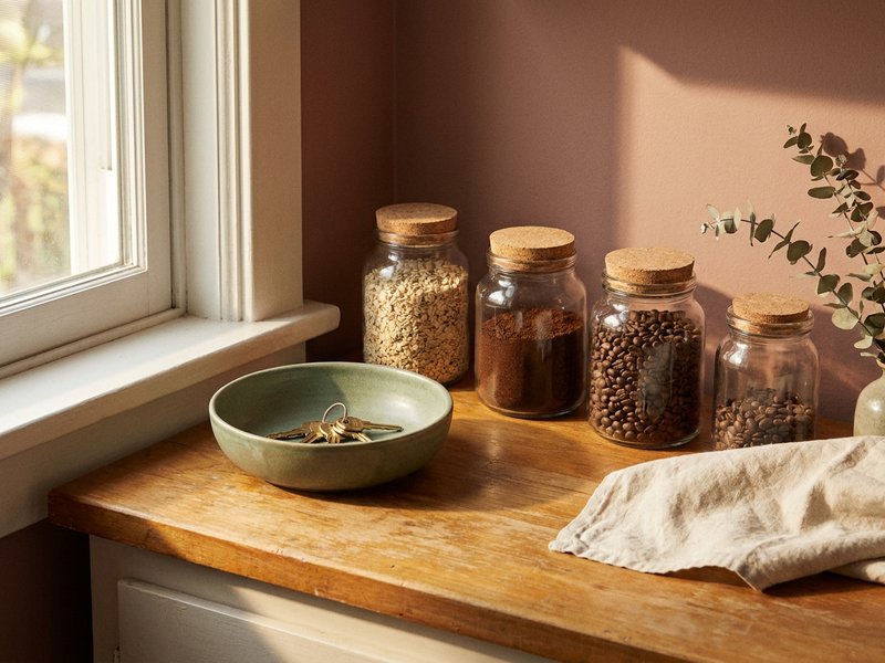 aesthetic ADHD organization — a decorative bowl and labeled glass jars used as functional storage, lacedopamine.com