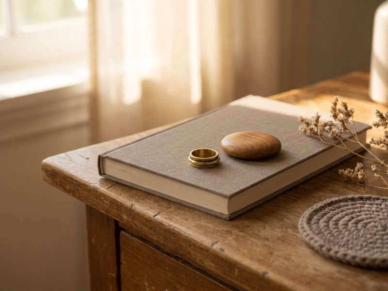 aesthetic fidget tools adults — a small collection of brass and wood fidget objects on a desk, lacedopamine.com