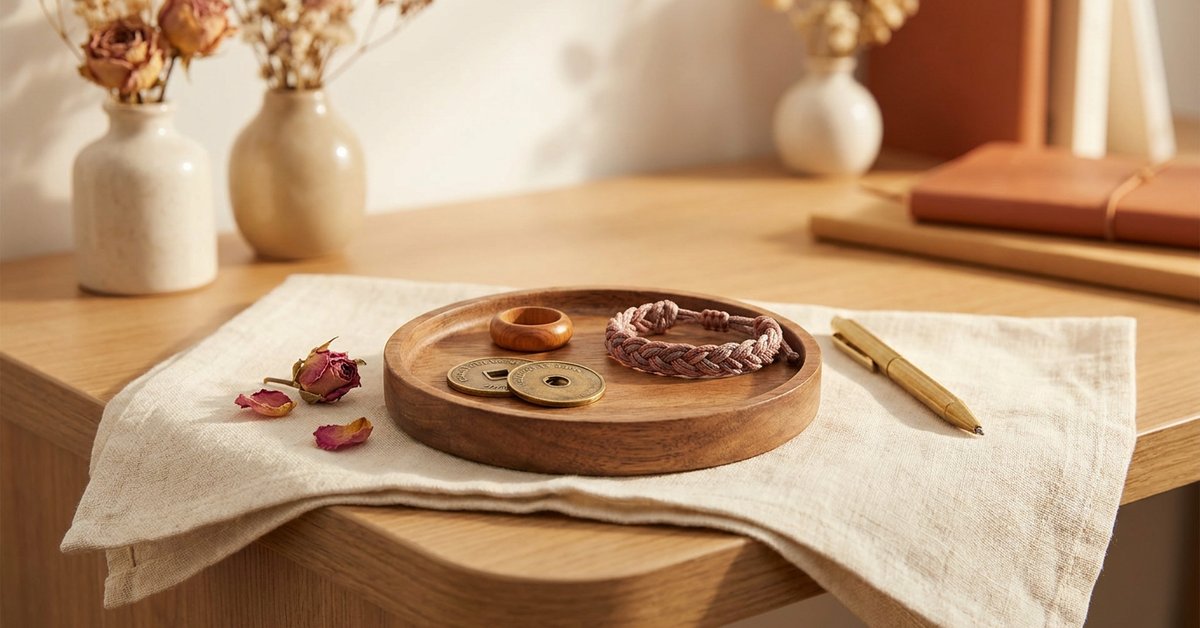 aesthetic fidget tools adults — gentle illustration of quiet fidget tools in brass and wood, lacedopamine.com
