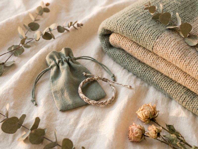aesthetic fidget tools adults — a linen pouch and woven bracelet fidget tools laid out, lacedopamine.com
