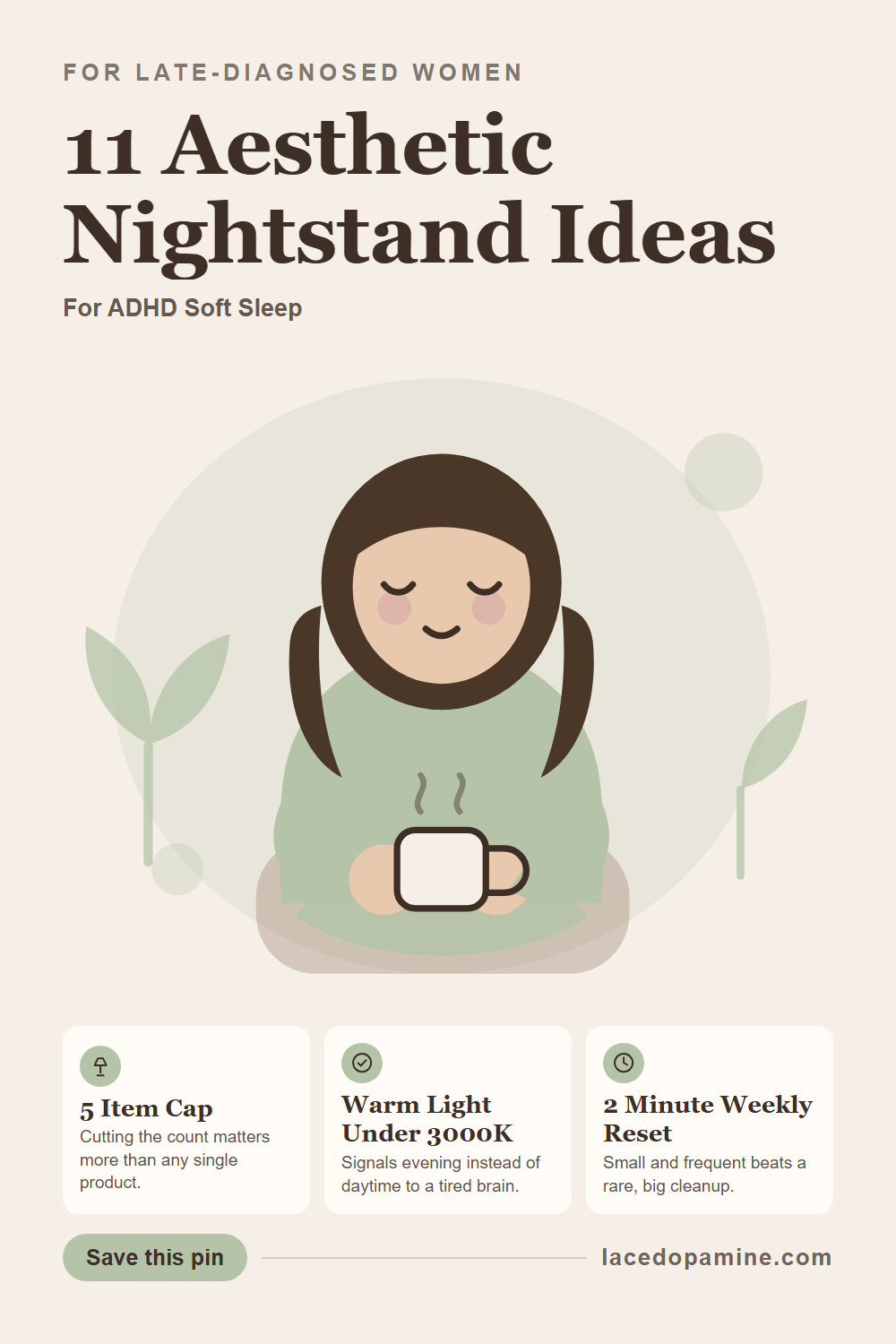 An aesthetic nightstand for ADHD works when it holds fewer things, not prettier things. Eleven calm bedside ideas sorted into light, containment and reach: a warm dimmable lamp, a shallow tray that keeps daily objects visible, a covered tumbler that will not spill at 3am, and a two minute weekly reset. Includes what to do when you share a bed or have no room for a nightstand, and why closed drawers make ADHD brains forget things exist. Save this for a calmer sleep routine. — save this pin for later