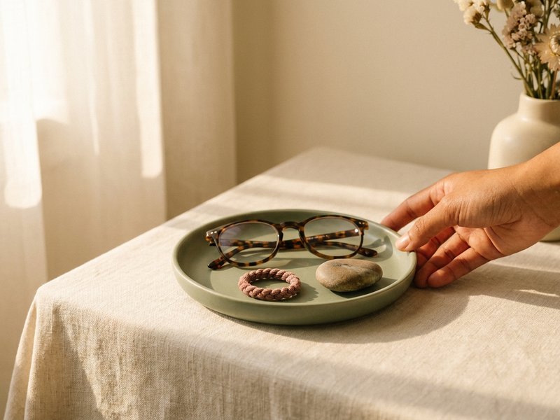 aesthetic nightstand ADHD — a shallow ceramic tray holding a few small daily objects, lacedopamine.com