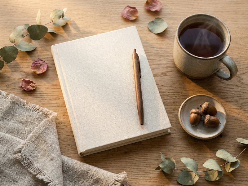 closed notebook and tea for fall journaling ADHD, linen table in soft morning light, lacedopamine.com