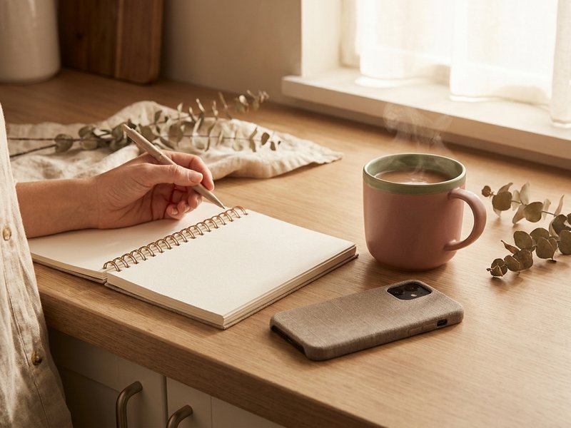 brain dump ideas ADHD — a notebook and coffee on a kitchen counter with a phone face down, lacedopamine.com
