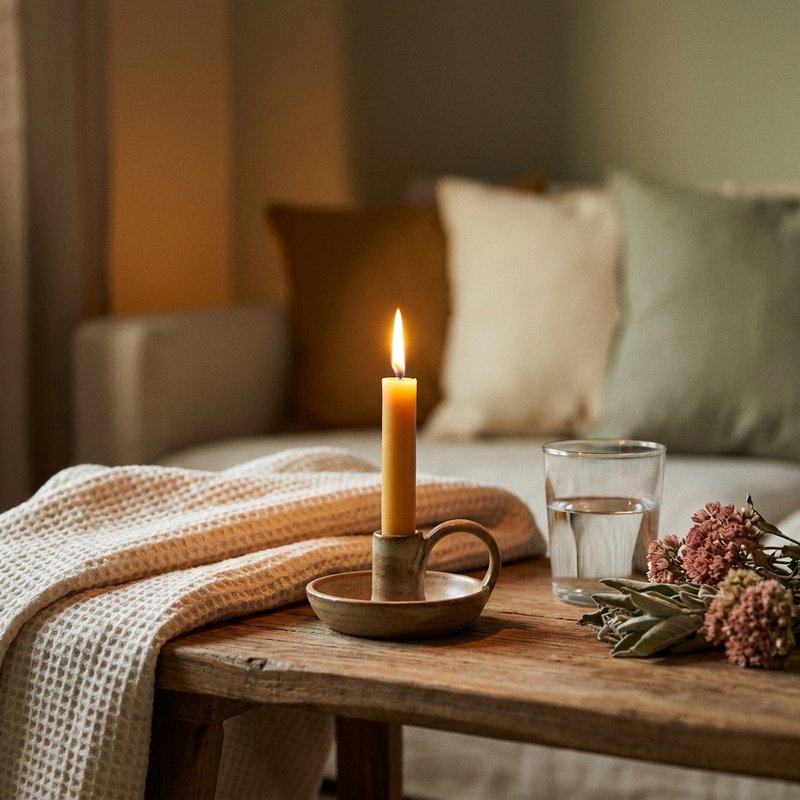 breathwork for adhd — a lit candle on a low table beside a folded blanket, lacedopamine.com
