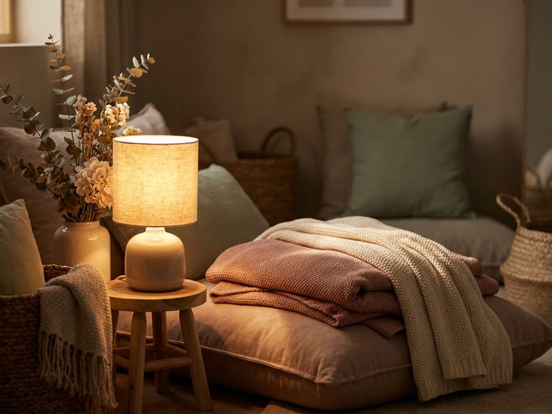 calming activities for adhd adults — a dim lamp and a folded blanket in a quiet corner, lacedopamine.com