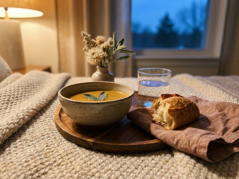 warm bowl dinner for fall dinner ideas ADHD, soup and bread beside a knit blanket in lamplight, lacedopamine.com