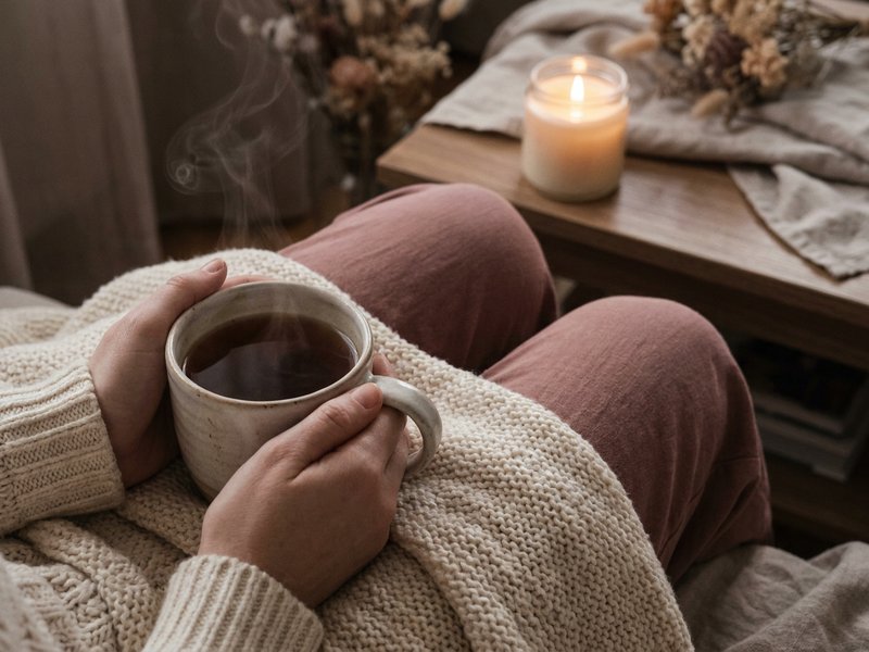 cozy evening routine ADHD — a warm drink held with both hands in soft evening light, lacedopamine.com