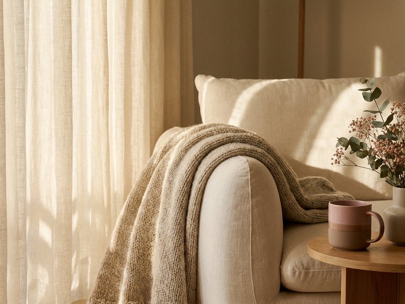 cozy self care low dopamine — a soft blanket and warm mug on a couch, lacedopamine.com