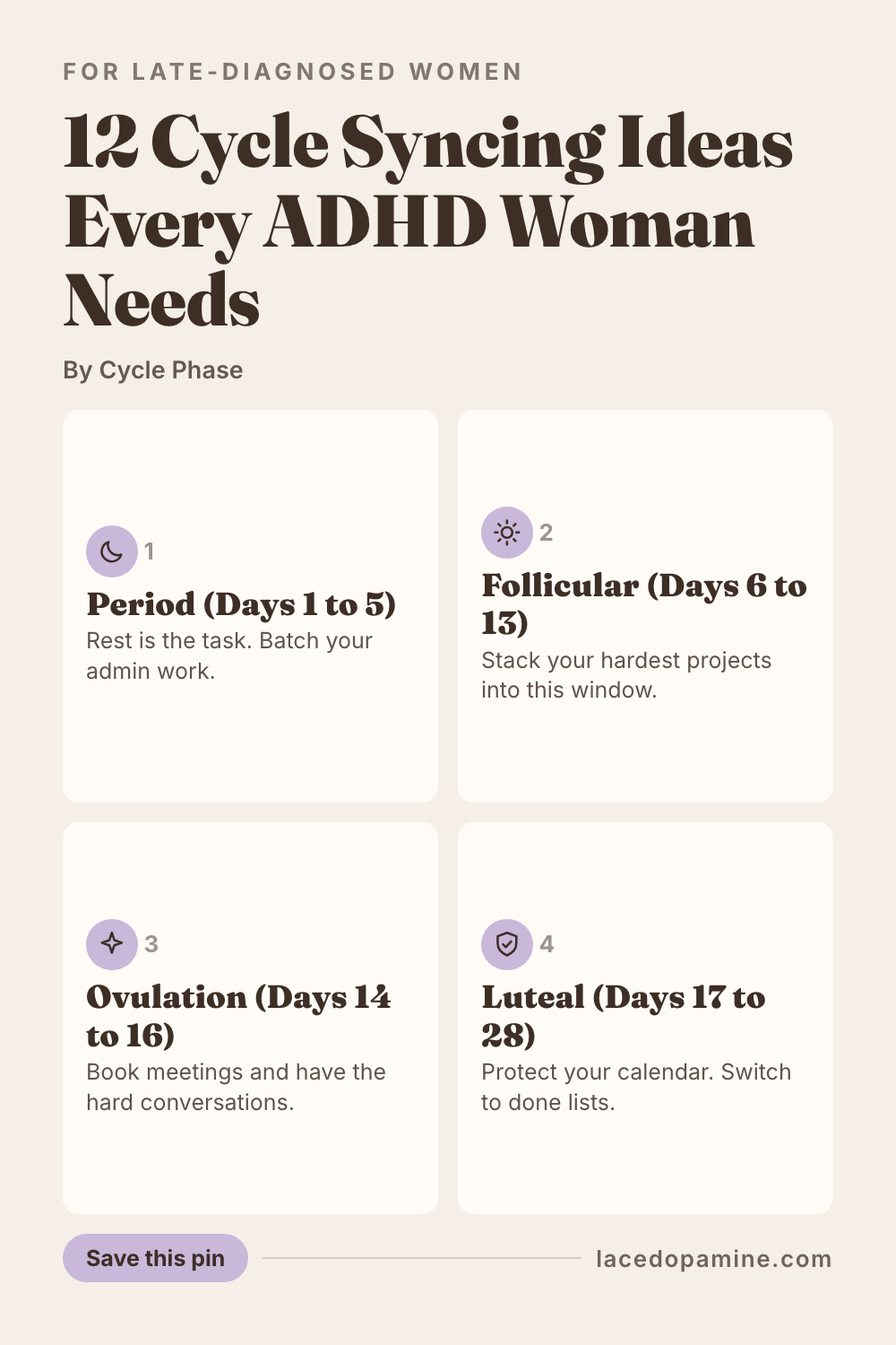 Cycle syncing for ADHD means matching your hardest tasks to the two weeks after your period, when rising estrogen makes focus easier, and protecting the two weeks before it, when dropping hormones can make ADHD medication feel weaker. This guide breaks all 12 ideas down by phase: menstrual, follicular, ovulatory, and luteal, plus why your meds feel less effective the week before your period and when that dip is worth mentioning to a doctor. Save it for the week you need a plan instead of willpower. #ADHDwomen #ADHDtips #neurodivergent — save this pin for later