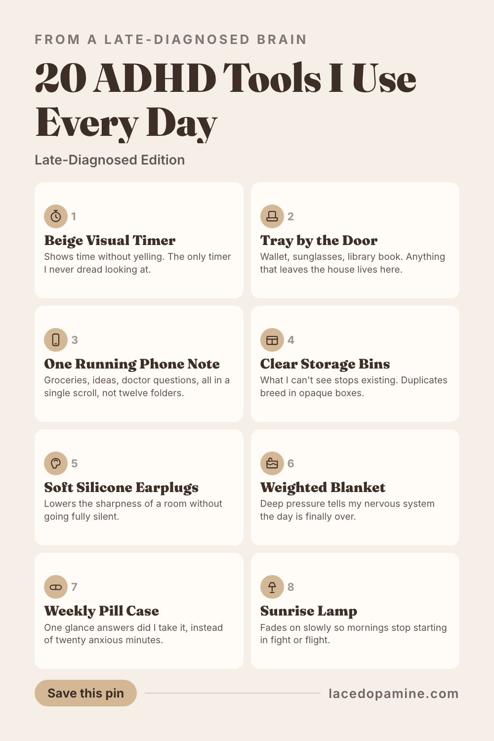 Daily ADHD tools women actually keep using: 20 small picks from a late diagnosed brain, from a beige visual timer to soft earplugs that live in your bag. Save this pin before your next ADHD tool purchase collects dust in a drawer. #ADHDwomen #ADHDtips #neurodivergent — save this pin for later