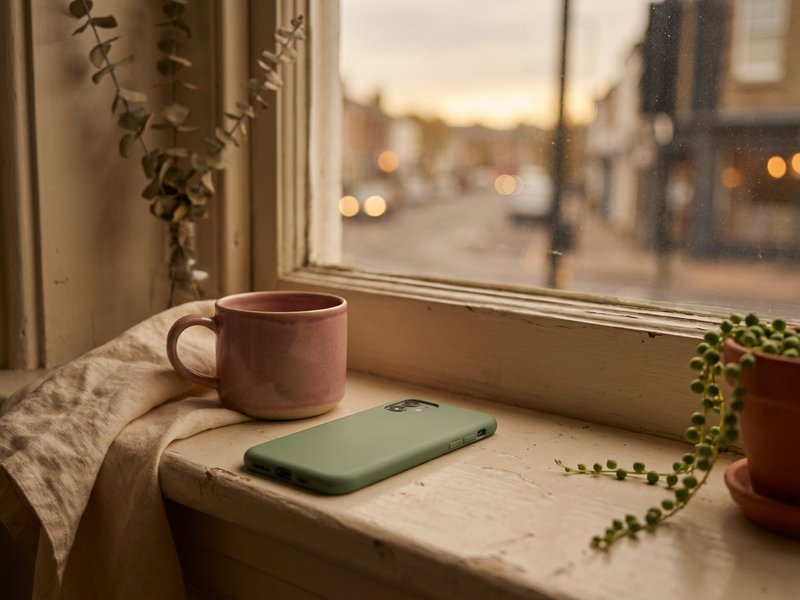 dating with adhd — a phone face down on a windowsill beside a mug of tea, lacedopamine.com