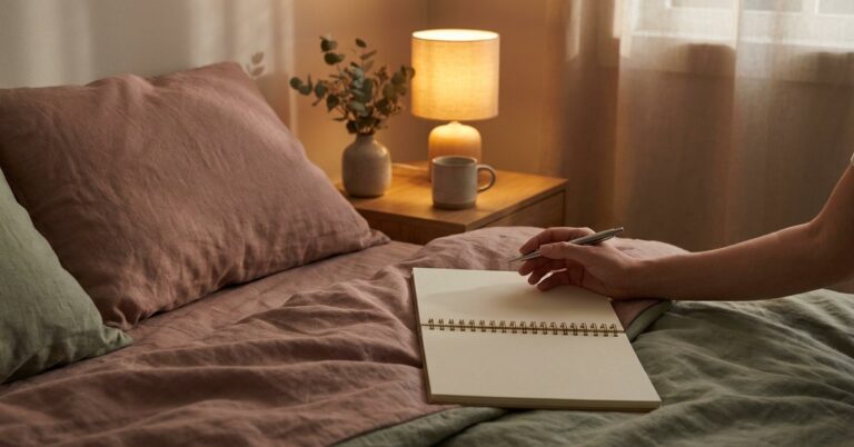 evening journal prompts ADHD — gentle illustration for late diagnosed ADHD women, lacedopamine.com