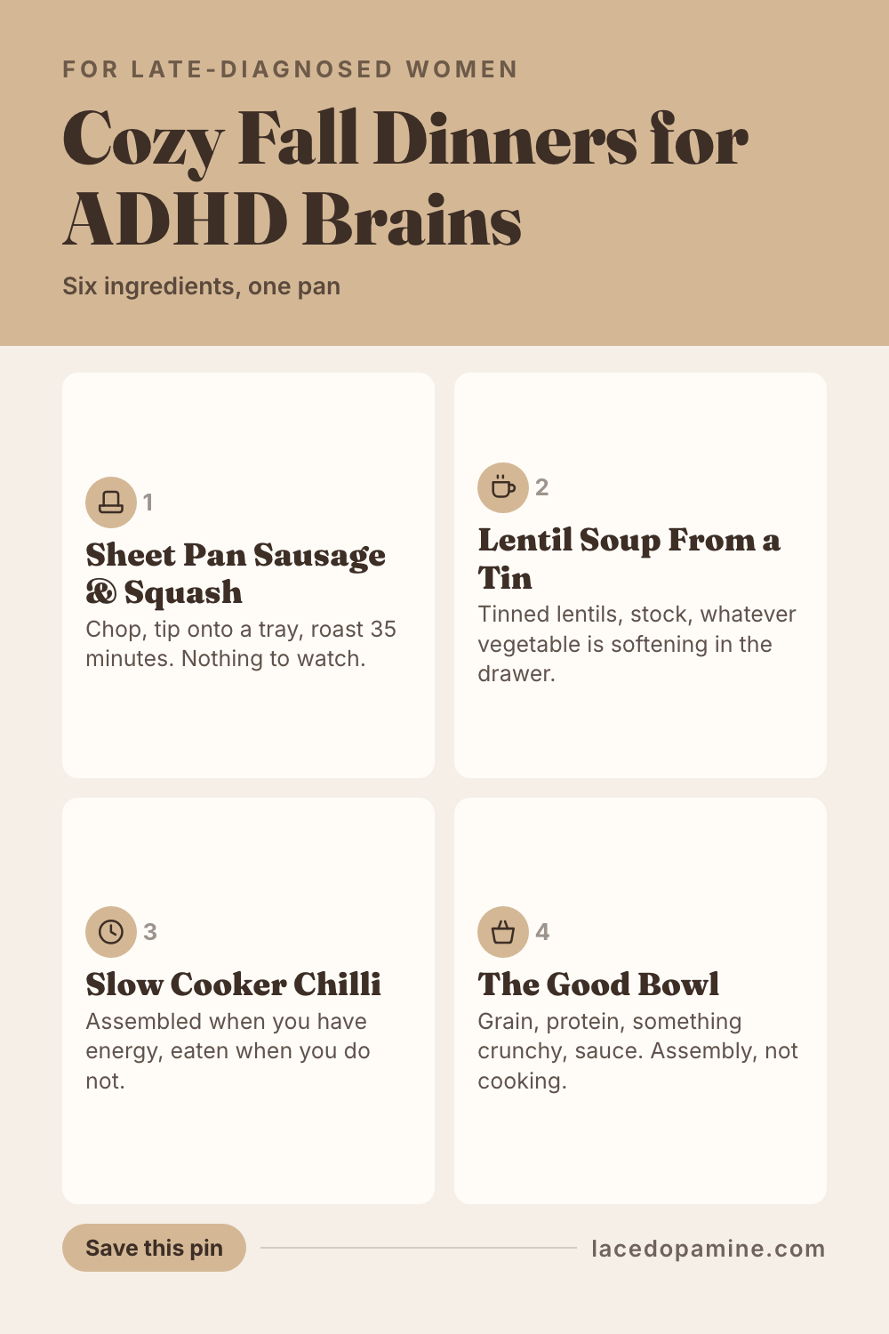 Fall dinner ideas ADHD brains actually finish, built around the part that really breaks. Dinner is not a cooking problem, it is a chain of about 8 decisions arriving at the hour your reserves are lowest. Inside: 12 cozy autumn meals with 6 ingredients or fewer and one cooking vessel, from sheet pan sausage and squash to slow cooker chilli and creamy pumpkin pasta made from tinned puree. Plus the 5 meal rotation that removes the nightly decision, why eating by the clock beats waiting for hunger when medication flattens appetite, and the fallback shelf that turns a flat evening into food instead of nothing. Gentle, honest, no meal plan you will abandon by week two. Save this pin before your next 5pm decision paralysis over dinner. #ADHDwomen #ADHDtips #neurodivergent — save this pin for later