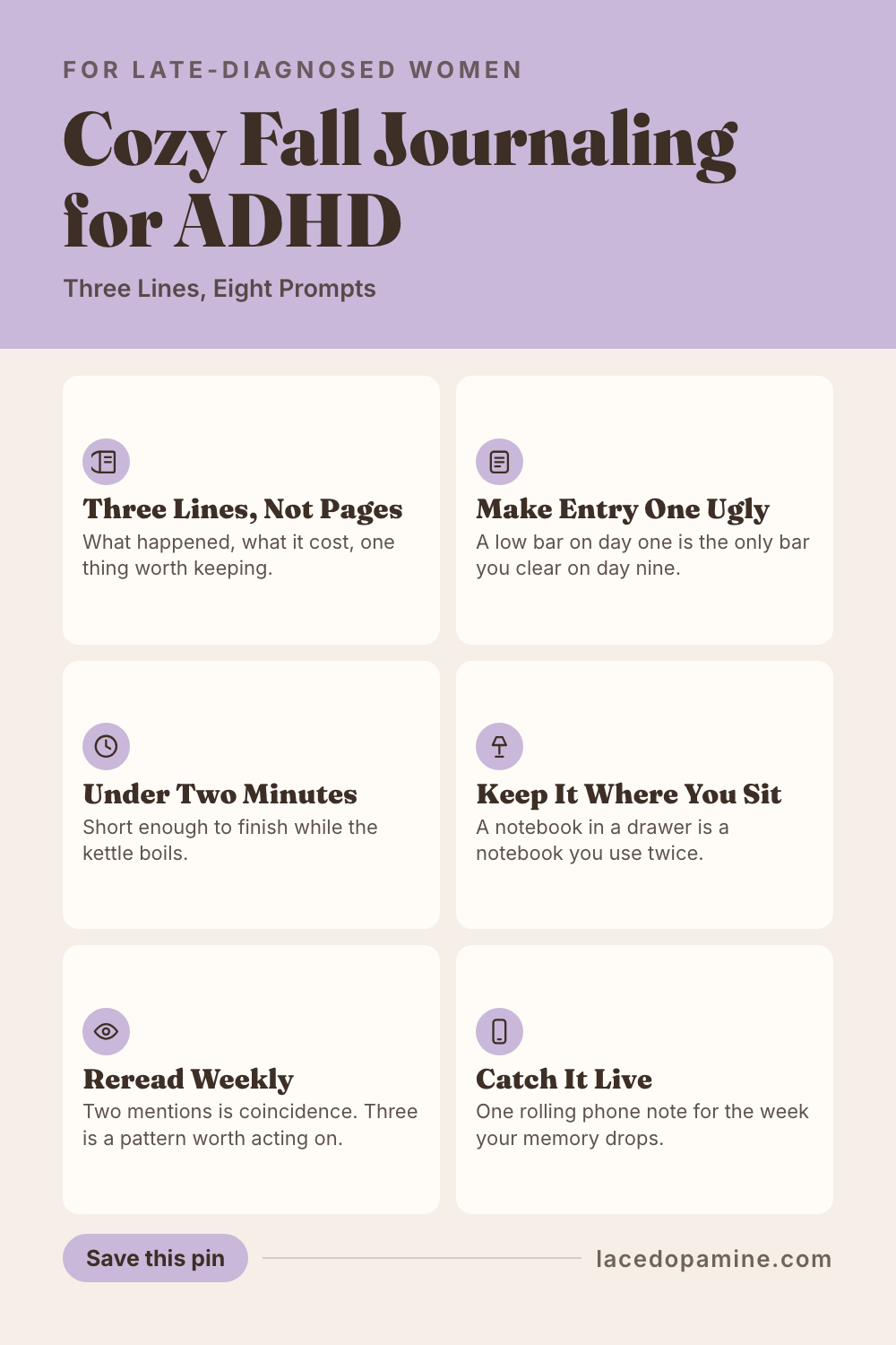 Cozy fall journaling ADHD women keep past week two: three line entries, eight autumn prompts about cost and capacity instead of gratitude, and one weekly reread that turns entries into a pattern. Save this pin before your next journal gets abandoned by week two. #ADHDwomen #ADHDtips #neurodivergent — save this pin for later