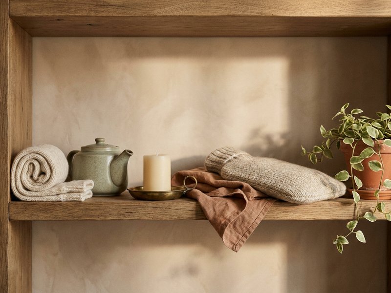 five warm rituals for fall self care ADHD, socks tea and knit throw on an oak shelf, lacedopamine.com
