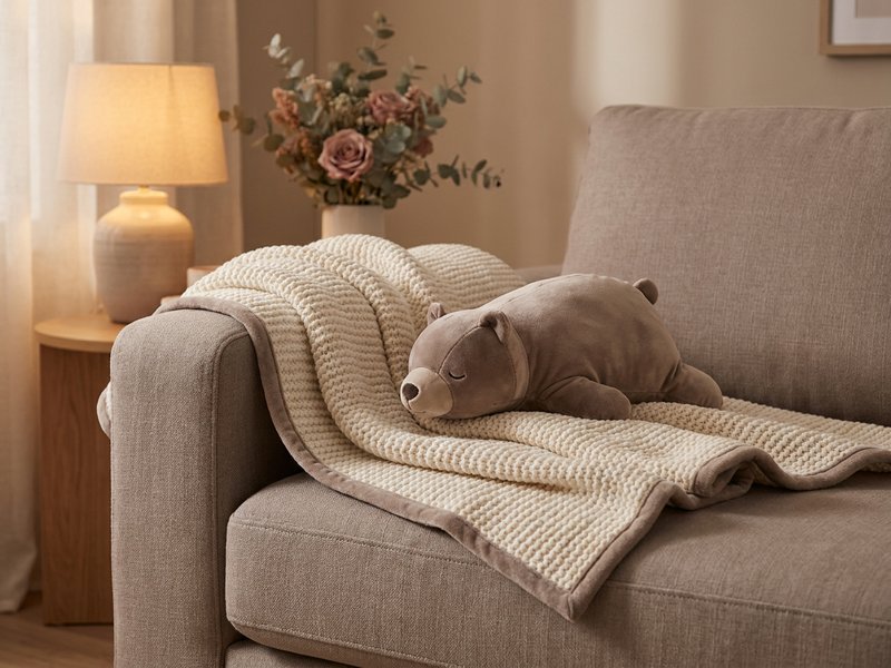 gifts for ADHD women — a heated blanket and weighted plush on a couch, lacedopamine.com