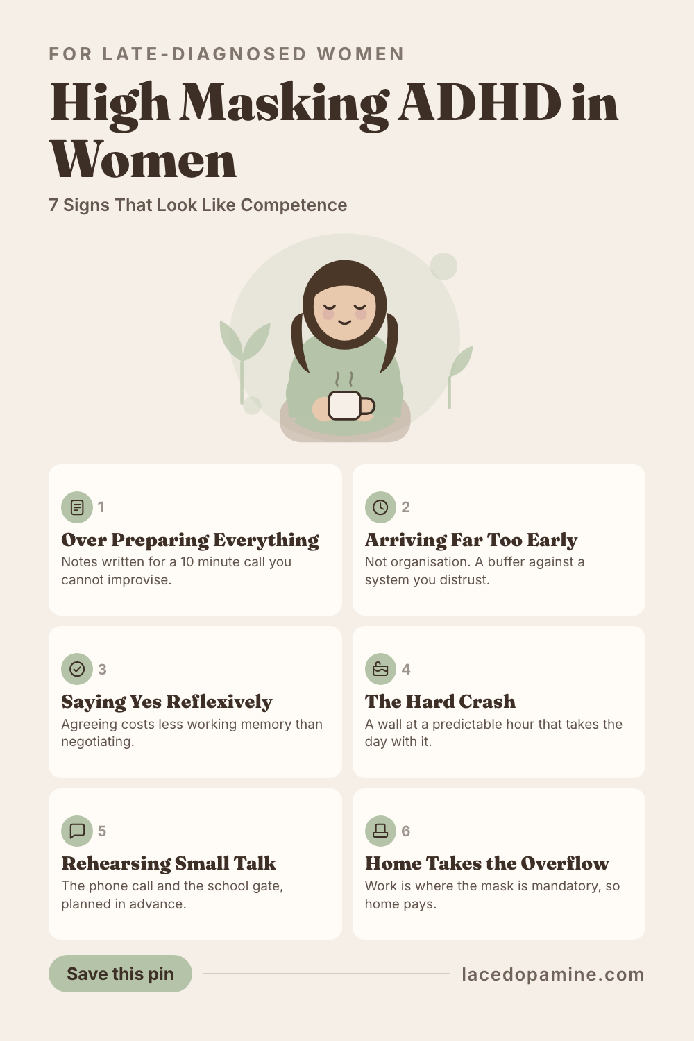 High masking ADHD symptoms are hard to spot because they look like competence from the outside. Masking means running constant background effort to produce behaviour that seems effortless, and high masking just means the effort is succeeding. One woman named the paradox exactly: on paper she had the title, the salary and a calendar full of meetings she ran well, and then realised that holding it together was the symptom. Inside are the 7 signs grouped by where they show up. The ones that read as being good at your job, like over preparing and saying yes reflexively. The ones that happen after hours, including the hard crash at a predictable time. And the ones nobody sees, like rehearsing ordinary conversations. Plus why women mask more, what it costs, and when assessment is worth it. Save this pin before you mistake holding it together for being fine. #ADHDwomen #ADHDtips #neurodivergent — save this pin for later