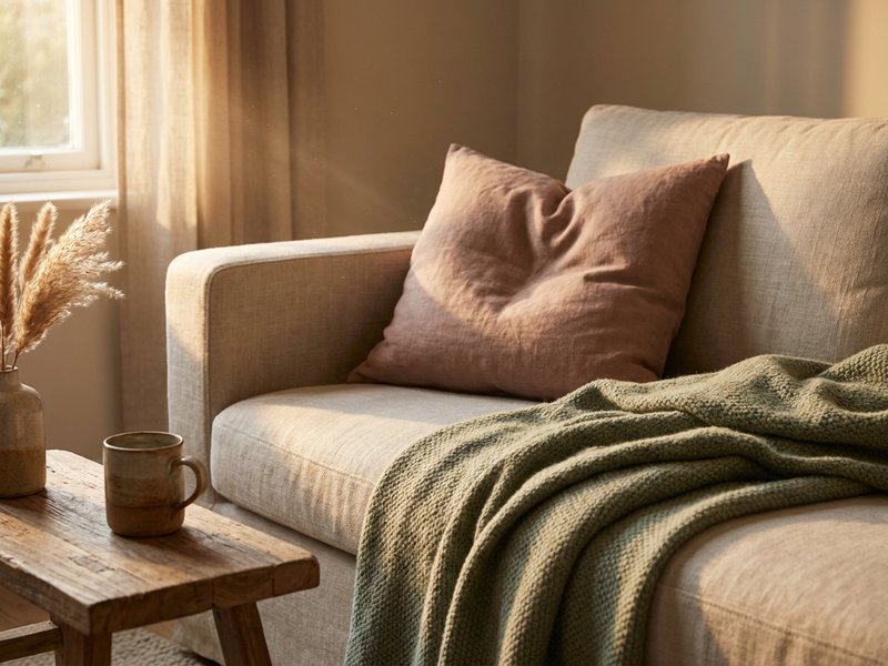 high masking adhd symptoms — a folded blanket on a sofa in afternoon light, lacedopamine.com