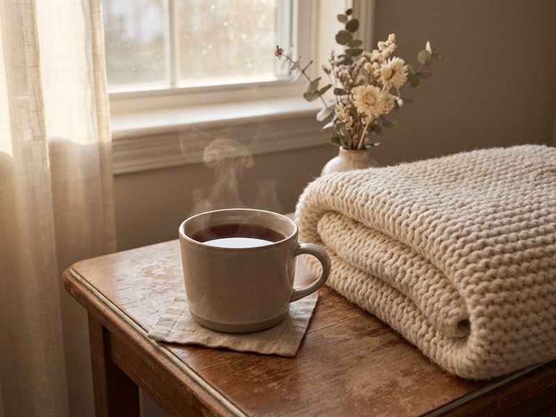 holiday luteal phase ADHD — a warm cup of tea and a soft blanket for a low energy day, lacedopamine.com