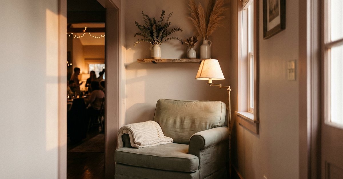 holiday sensory overload ADHD — gentle illustration of a quiet corner away from a loud holiday gathering, lacedopamine.com