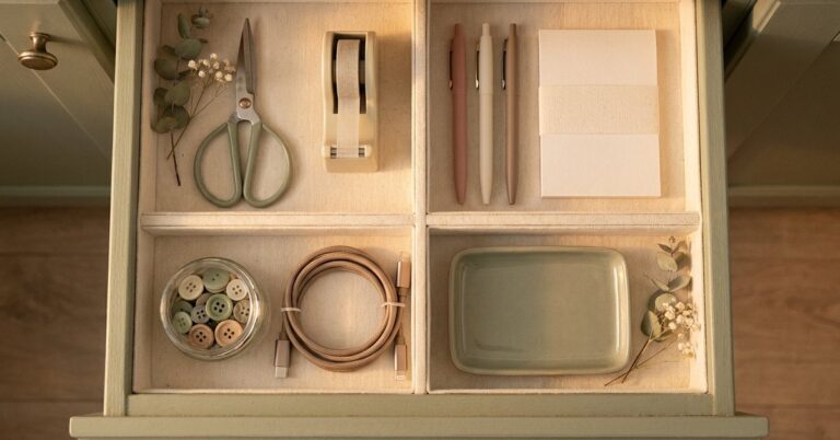how to organize junk drawer ADHD — gentle illustration of an organized drawer, lacedopamine.com
