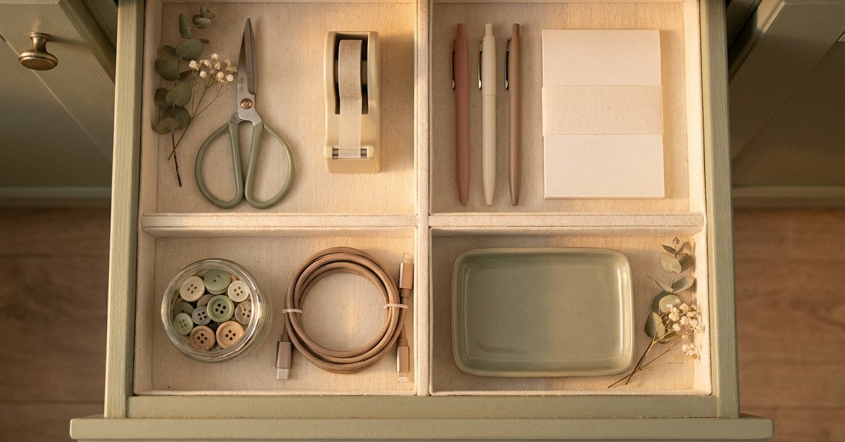 how to organize junk drawer ADHD — gentle illustration of an organized drawer, lacedopamine.com